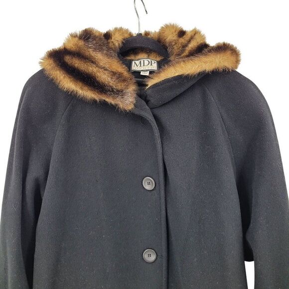 Vintage 80s Black Wool Coat 2X Faux Fur Hood Cuffs Button Front USA City Classic - Picture 4 of 11